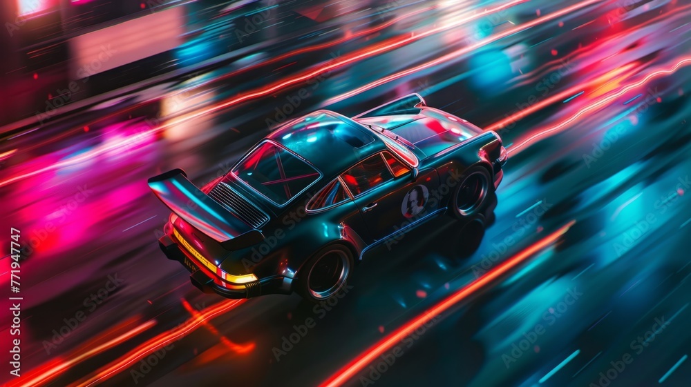 Futuristic car speeding through neon city - An electric sports car races at high speed, surrounded by streaks of neon light, embodying energy and motion
