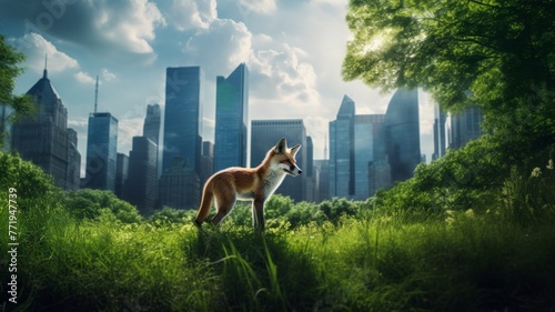 Fox prowling in city park with skyscrapers behind - A fox roams a lush urban park, framed by imposing city skyscrapers and skyscape