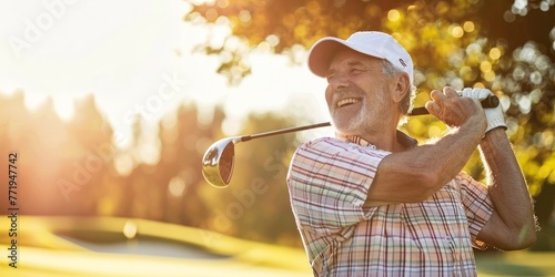 A retiree playing golf on a beautiful sunny day, enjoying their newfound freedom.  photo