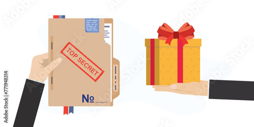 Hand gives folder with confidential data, spy holds gift box. Theft corporate data or industrial innovations, bribe, corruption. Spy steals government top secrets.