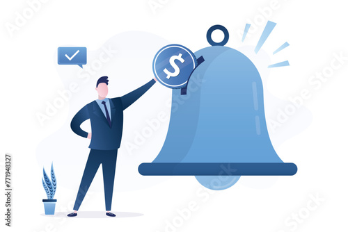 Male user insert dollar coin on subscription bell. Subscription business model, customer subscribe online service and pay recurring price, membership payment