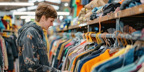 A person shopping at a thrift store to save money on clothing. 
