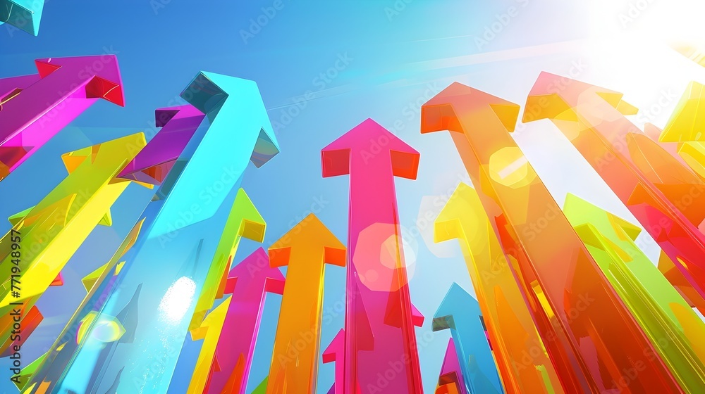 Soaring Arrows of Vibrant 3D Growth and Success Against a Radiant Sky Soaring Arrows of Vibrant 3D Growth and Success Against a Radiant Sky