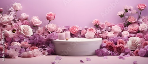 Feminine pink podium backdrop with rose flowers scene. Elegant Rose Floral Podium Background