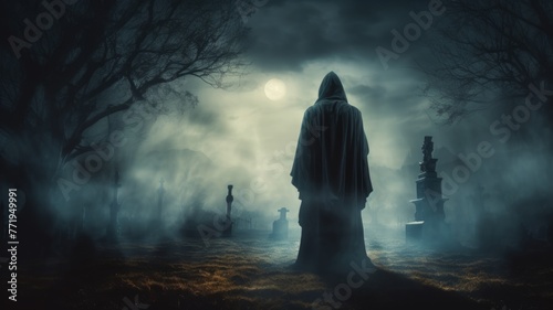 Mysterious figure in eerie moonlit graveyard - A shrouded figure stands before an old graveyard bathed in moonlight, evoking themes of life, death, and the eternal unknown