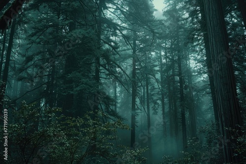 Gloomy, picturesque Large backdrop of redwood forest. Generative Ai