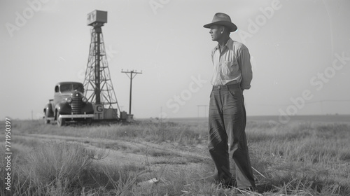 An early 20th-century farmer stands contemplatively beside a vintage car and an oil derrick in a vast field.

