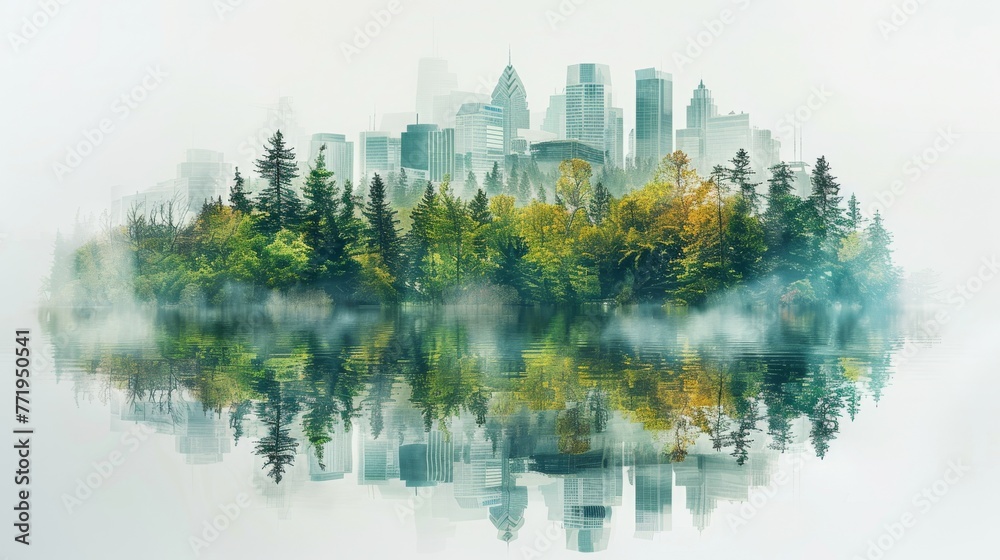 Fototapeta premium Captivating double exposure composition featuring modern cityscapes juxtaposed with renewable energy infrastructure and vibrant greenery, symbolizing the transition towards a cleaner, greener future.