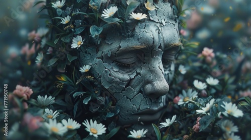 Digital artwork depicting a surreal scene of transformation and resilience. Broken human sculpture merges with blossoming flowers, symbolizing hope and the power of nature.