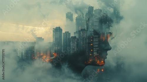 Double exposure cityscape: Contrast between affluent and impoverished areas captured in a striking visual narrative, highlighting the stark realities of urban life.