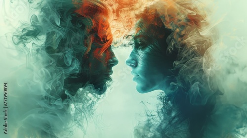 Ethereal and haunting double exposure artwork depicting the interplay between heaven and hell, perfect for conveying deep symbolism and introspection.