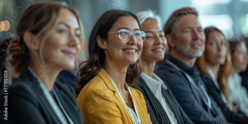 Candid happy diverse young senior female male businesspeople entrepreneur colleague audience at business forum event staff training listen to speech by successful , Generative AI