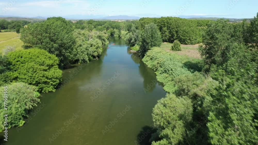 Drone shot of the Ter River flowing through dense green trees on a sunny day in Catalonia, Spain