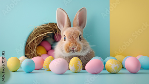 A rabbit is standing in front of a basket of Easter eggs