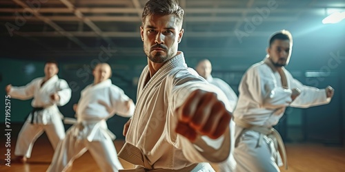 Men engaging in karate training at fitness studio, practicing fight club workout at gym and studying dojo moves as exercise at sports center. Physically active individuals displaying, Generative AI