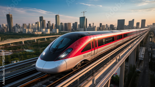 Bullet train speeding through a modern city, High-speed train © HappyPICS