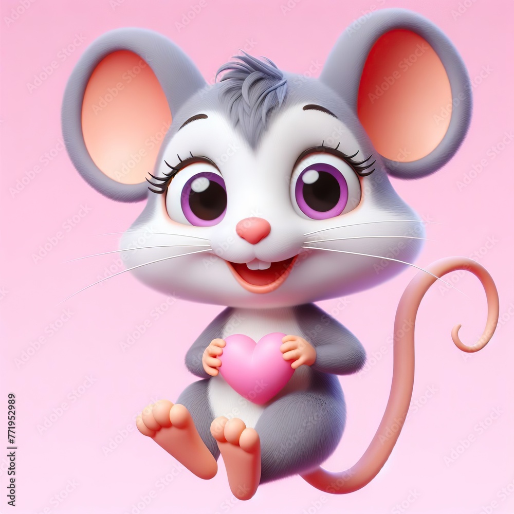 Cute gray mouse with pink ears sitting on a pastel pink background, holding a small red heart, animated picture, 3D