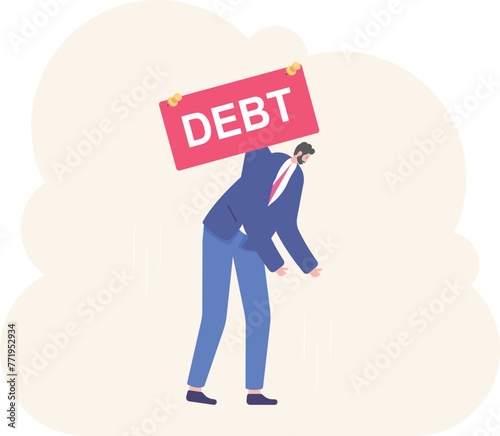 Businessman or manager is hanging on a sticker with the word debt.

