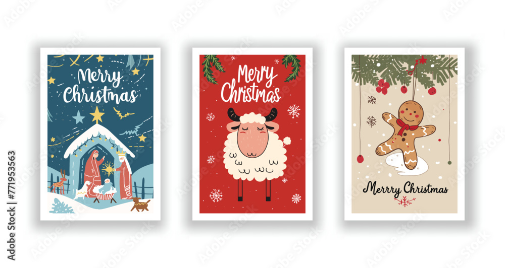 Hand-Drawn Christmas Greetings, Cute Flyers and Postcards with Minimalist Nativity Scene, Ginger man, Sheep Background