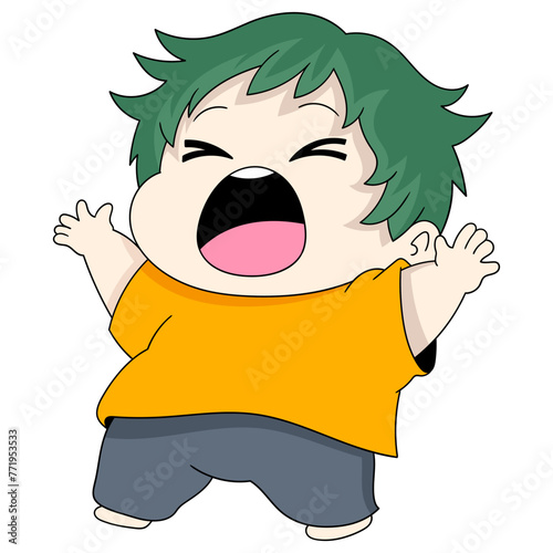 fat baby boy making a yawning gesture as a sign of boredom