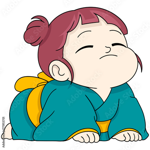 fat baby girl is crawling showing a facial expression of indifference