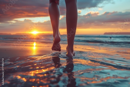 Low perspective of girls  feet strolling on a beach in the sun. Generative Ai