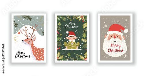 Hand-Drawn Christmas Greetings, Cute Flyers and Postcards with Minimalist Reindeer, Christmas elf, Santa Claus Background