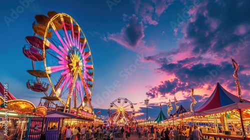 A lively carnival at dusk, Ferris wheel lights against the twilight sky, happy faces of families enjoying rides and games. Resplendent.