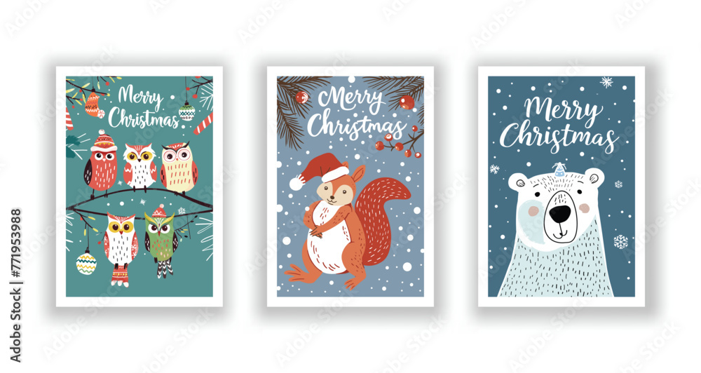 Hand-Drawn Christmas Greetings, Cute Flyers and Postcards with Minimalist Squirrel, Polar bears, Owl Background Hand-Drawn Christmas Greetings, Cute Flyers and Postcards with Minimalist Squirrel, Polar bears, Owl Background
