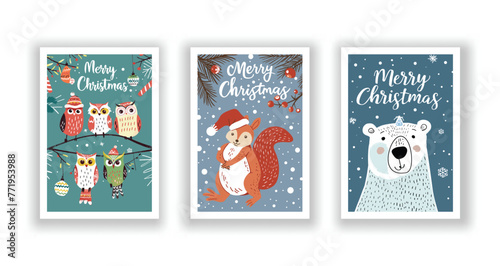 Hand-Drawn Christmas Greetings, Cute Flyers and Postcards with Minimalist Squirrel, Polar bears, Owl Background