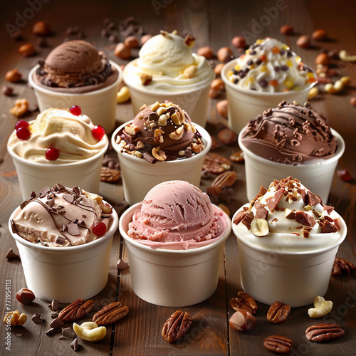 Ice Cream Assortment. Various colors ice creams scoops or gelato with nuts on brown wooden table. Frozen yogurt in small white paper cups - healthy summer dessert. photo