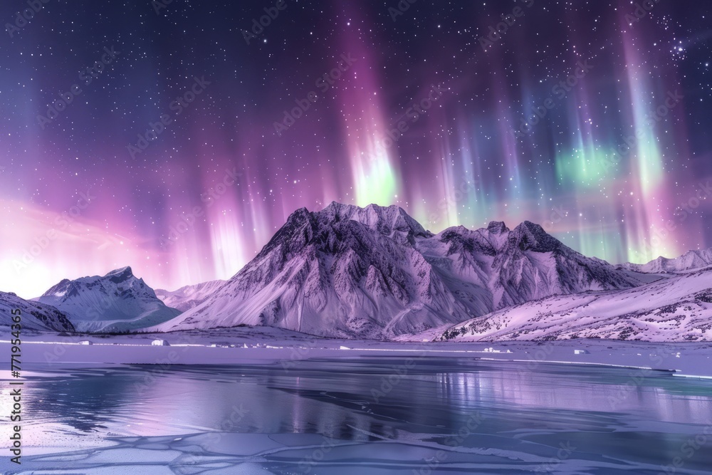 Aurora polar lights with snowy mountain landscape