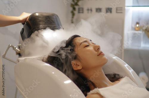 Spa Day: Woman Enjoys a Soothing Hair Steam