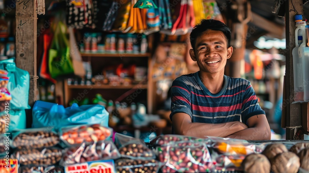 Joyful Market Vendor with Variety of Local Snacks