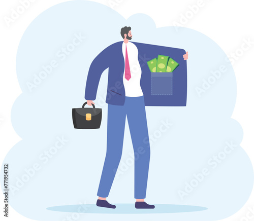 Business man opens his cloak to show T-shirt with text super businessman on his chest and pockets full of money. Business success

