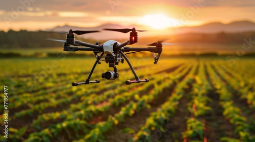 Drone Surveying Field at Sunset Agriculture