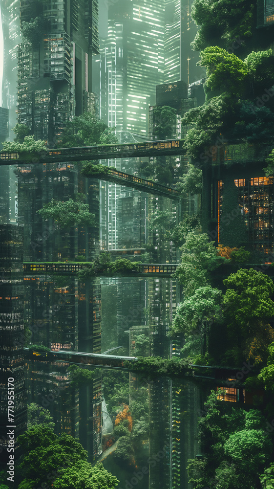 Lush greenery intertwines with futuristic architecture and glowing lights in an urban oasis.