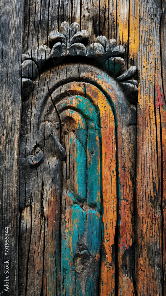 An old carved wooden door with peeling turquoise and orange paint, showing signs of age.