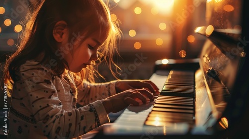 Young Girl Playing Piano in Glowing Light