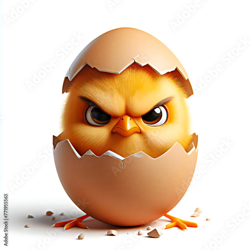 A cute, canary yellow chick that has just hatched from the egg, angry.
