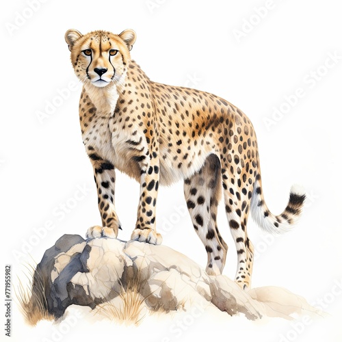 A standing cheetah watercolor clipart illustration on white background © Thuy Nguyen