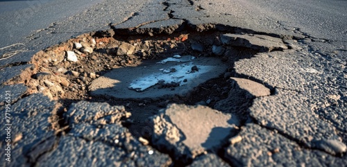 Example of poor road maintenance: high angle view of damaged asphalt road with cracks and a large deep pothole, Generative AI 