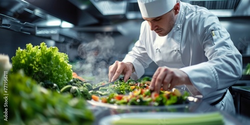 In a busy commercial kitchen, the chef in a crisp white uniform expertly wields a knife while working on a healthy salad, stacking fresh lettuce and celery with precision, showcasing, Generative AI