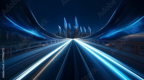 Motion blurred blue bridge at night