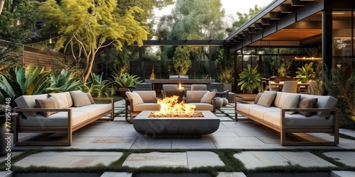 An elegant, roomy outdoor area with chic seating and a fire pit, Generative AI 
