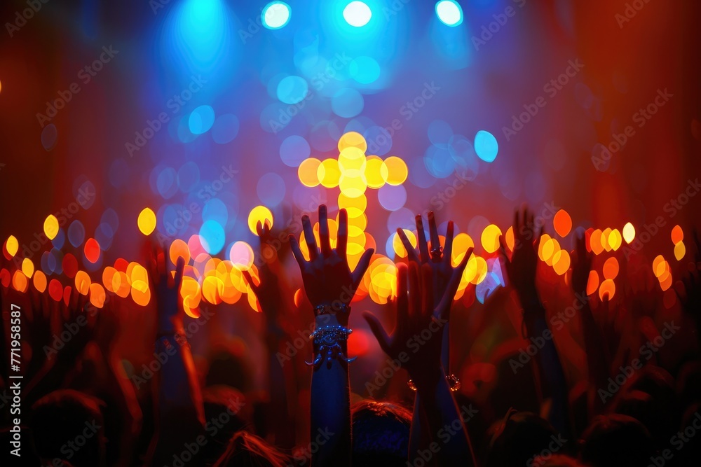 Worshiping Christians raise their hands in the air. Generative Ai - obrazy, fototapety, plakaty 