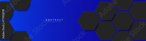 Abstract Futuristic technology banner. Abstract black hexagon on blue background. Vector illustration