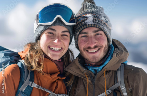 A young couple posing for the camera, holding their snowboards and goggles against an alpine backdrop, smiling at the viewer with big smiles on a sunny day.