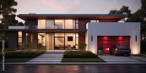 A minimalist exterior adorned with bold ruby accents, exuding modern sophistication and curb appeal. photo
