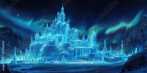 A magical winter wonderland at night  with ice castles  aurora borealis in the sky  and mystical creatures wandering in the snow-covered landscape. C. Resplendent.
